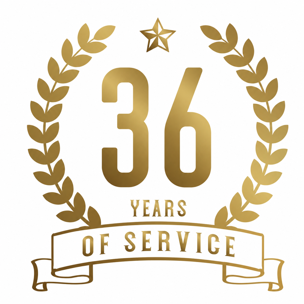 Gold badge reading 36 years of service